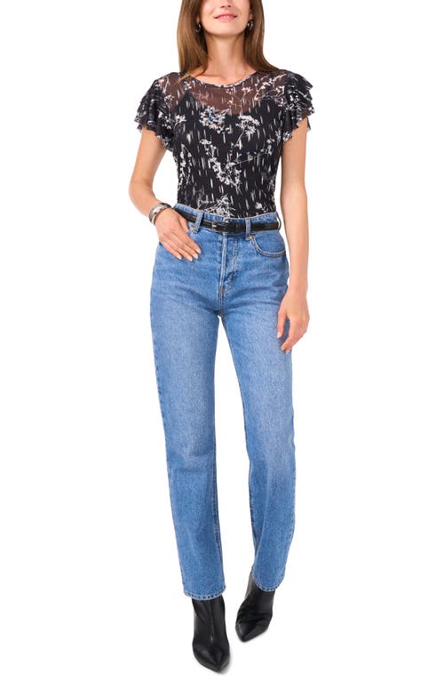 Shop Vince Camuto Floral Print Ruffle Sleeve Mesh Top In Rich Black