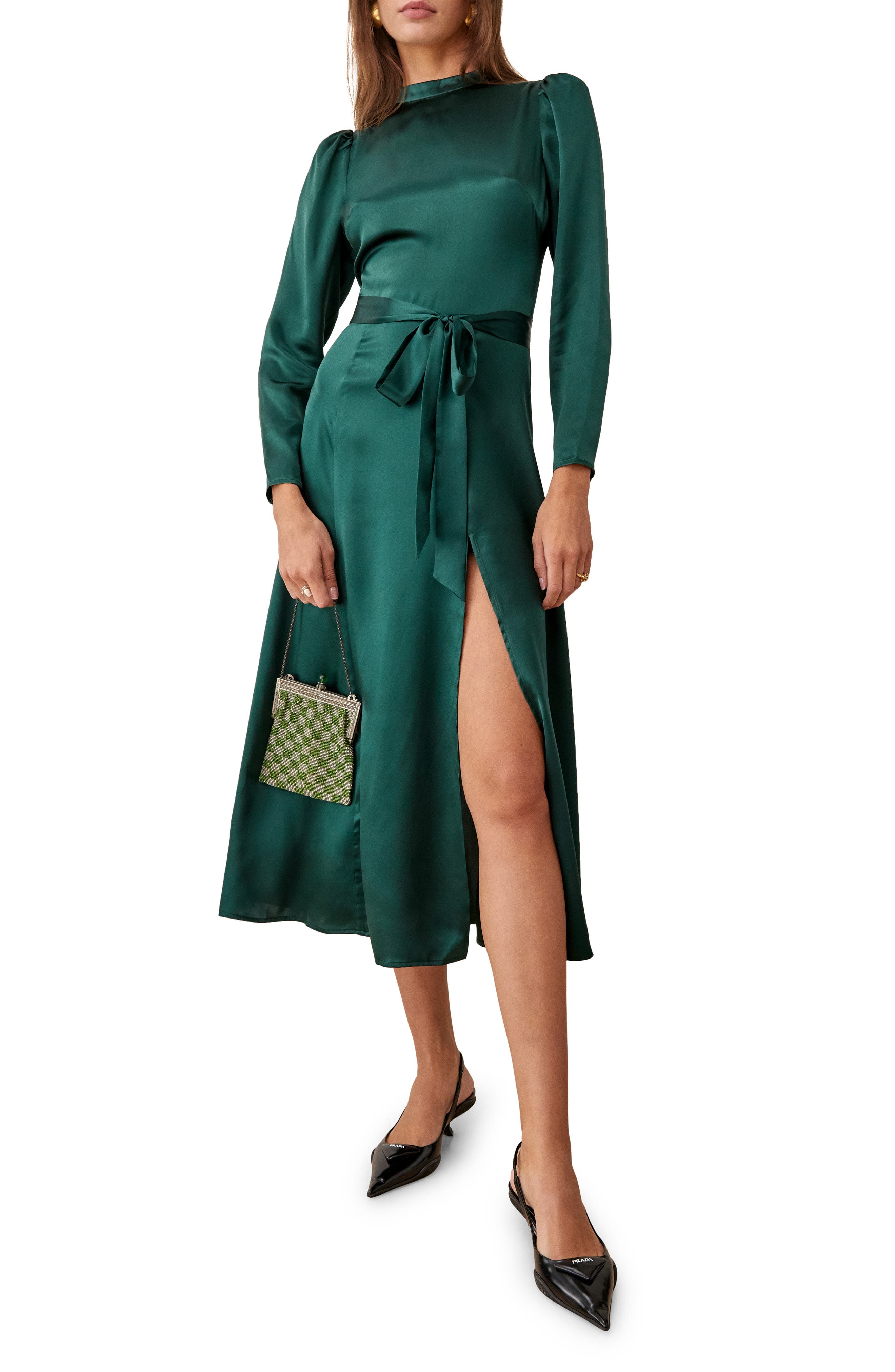Reformation Julius Silk Long Sleeve Dress in Forest at Nordstrom
