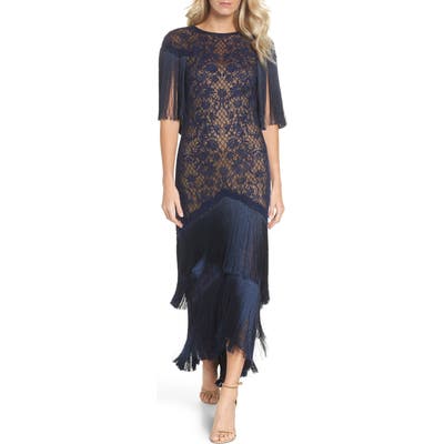 Tadashi Shoji Embroidered Mesh & Fringe Gown, Blue