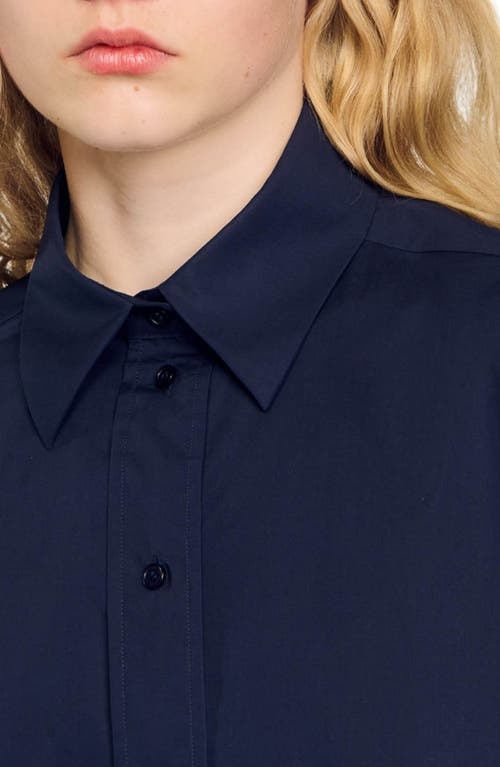 Shop Sandro Denim Shirt With Rhinestones In Navy Blue