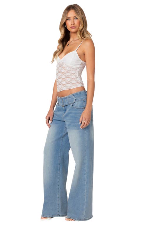 Shop Edikted Belted Relaxed Wide Leg Jeans In Blue-washed