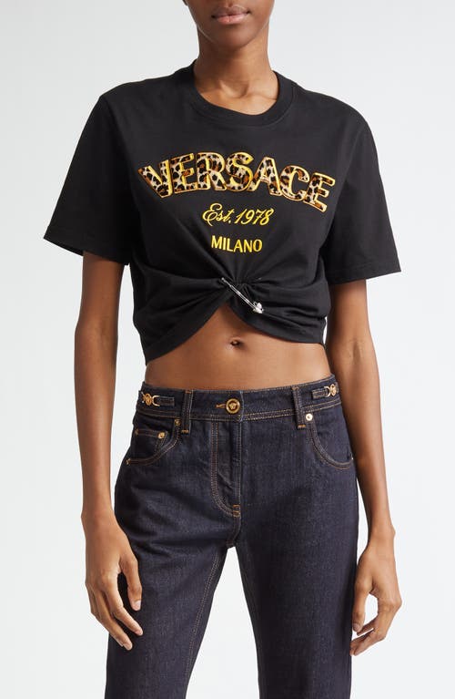 Shop Versace Milano Embroidered Safety Pin Crop Cotton T-shirt In Black Multicolor