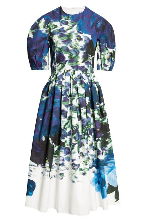 Shop Erdem Floral Pleated Cotton Faille A-line Midi Dress In Blue