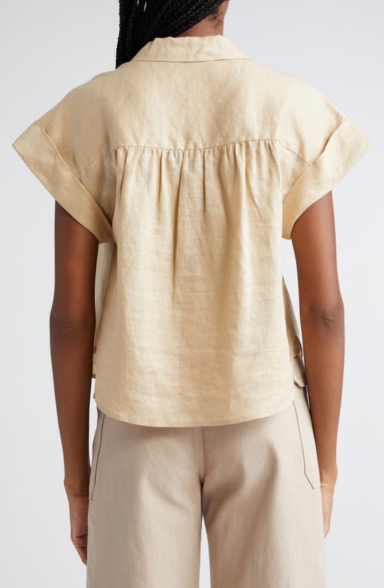 Shop Veronica Beard Kasa Linen Short Sleeve Button-up Shirt In Pebble Khaki