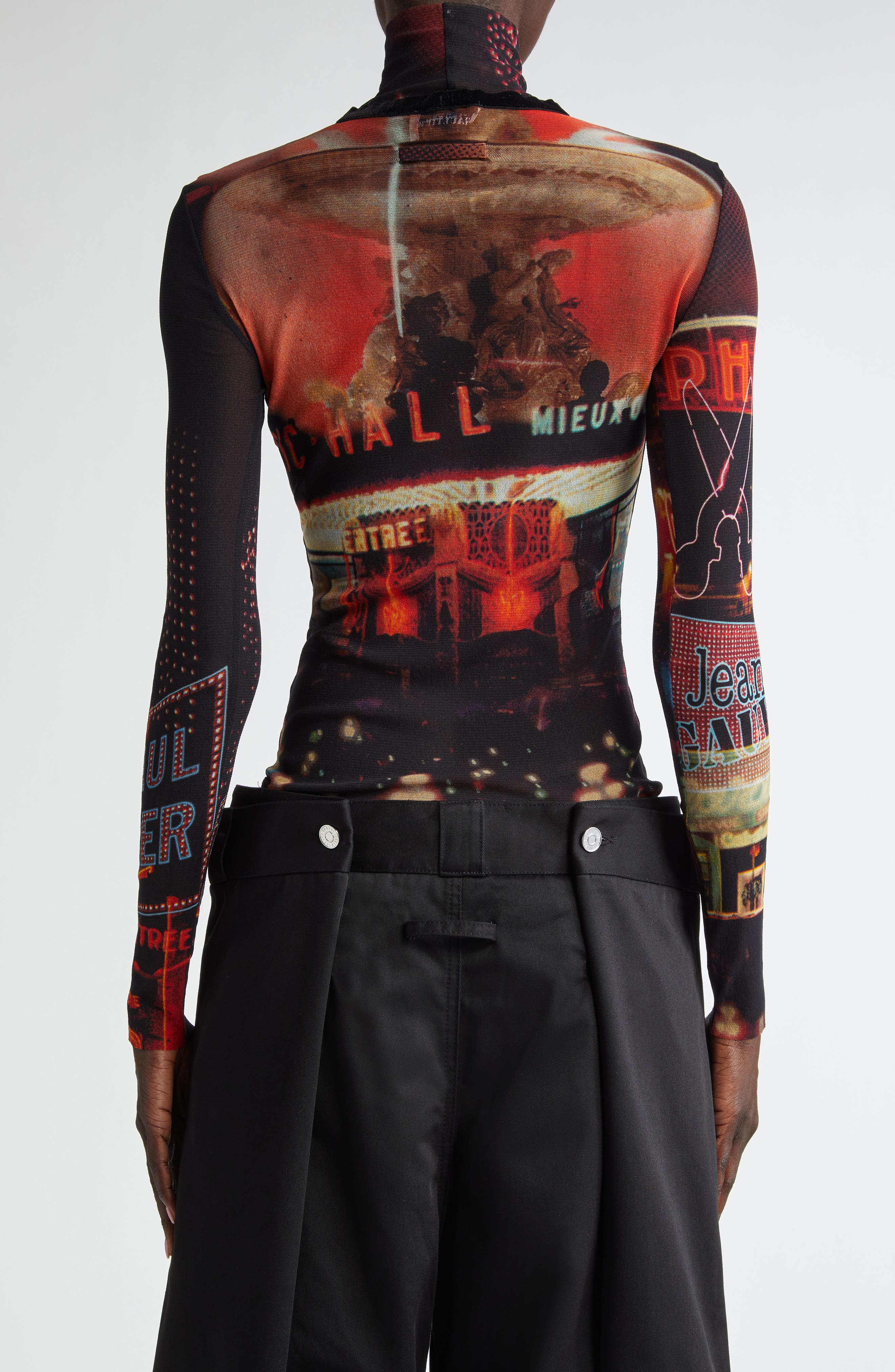 Jean Paul Gaultier Red Pigalle Print Long Sleeve Mesh T-Shirt in 