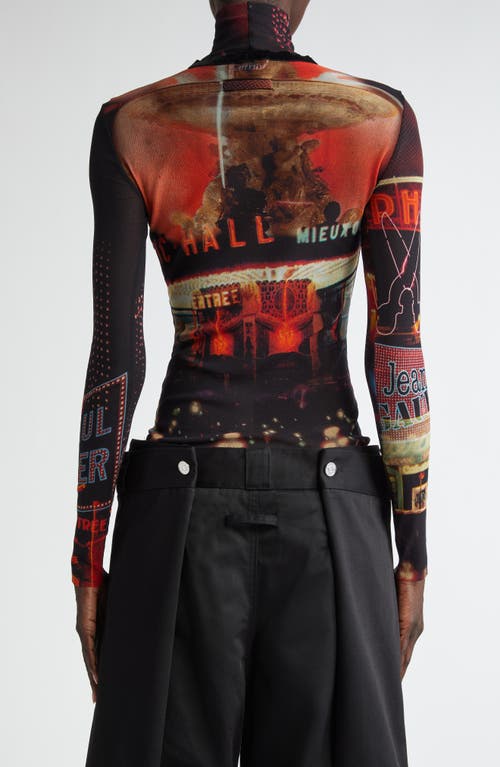 Shop Jean Paul Gaultier Red Pigalle Print Long Sleeve Mesh T-shirt In Black/red/orange