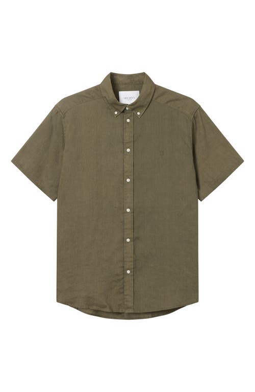 Les Deux Kris Short Sleeve Linen Button-Down Shirt in Olive Night