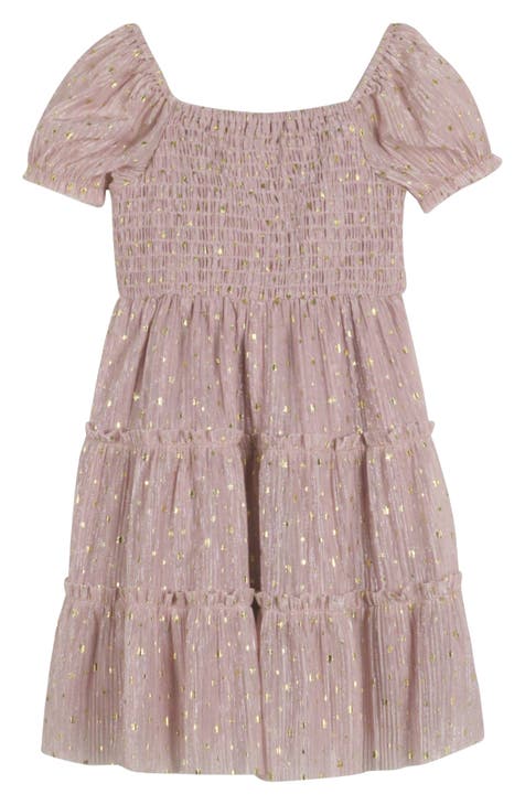 Kids' Puff Sleeve Plissé Tiered Dress (Little Kid)