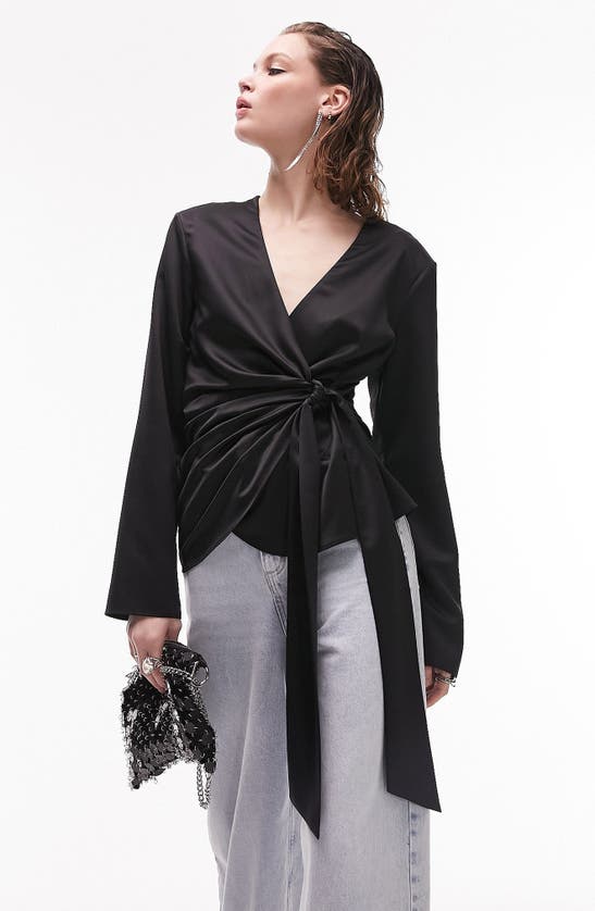 TOPSHOP TOPSHOP SLOUCHY SHOULDER PAD SATIN WRAP TOP