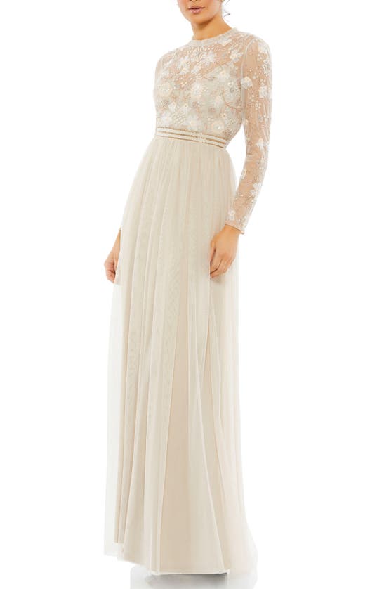 Shop Mac Duggal Beaded Floral Lace Long Sleeve A-line Gown In Vanilla