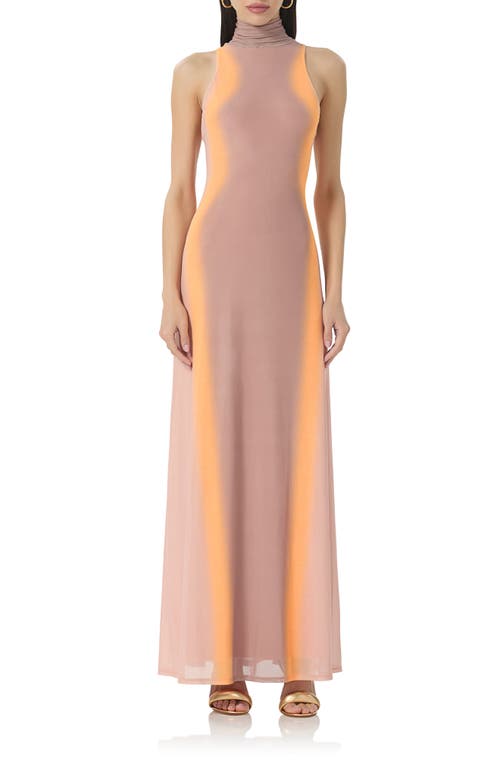 Titus Turtleneck Open Back Mesh Maxi Dress in Orange Linear