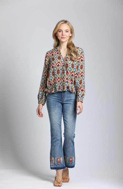 Apny Feather Embroidered Release Hem Mid Rise Flare Jeans In Medium Indigo