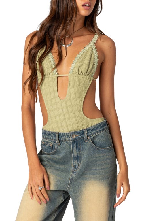 EDIKTED Textured Lace Cutout Bodysuit Green at Nordstrom,
