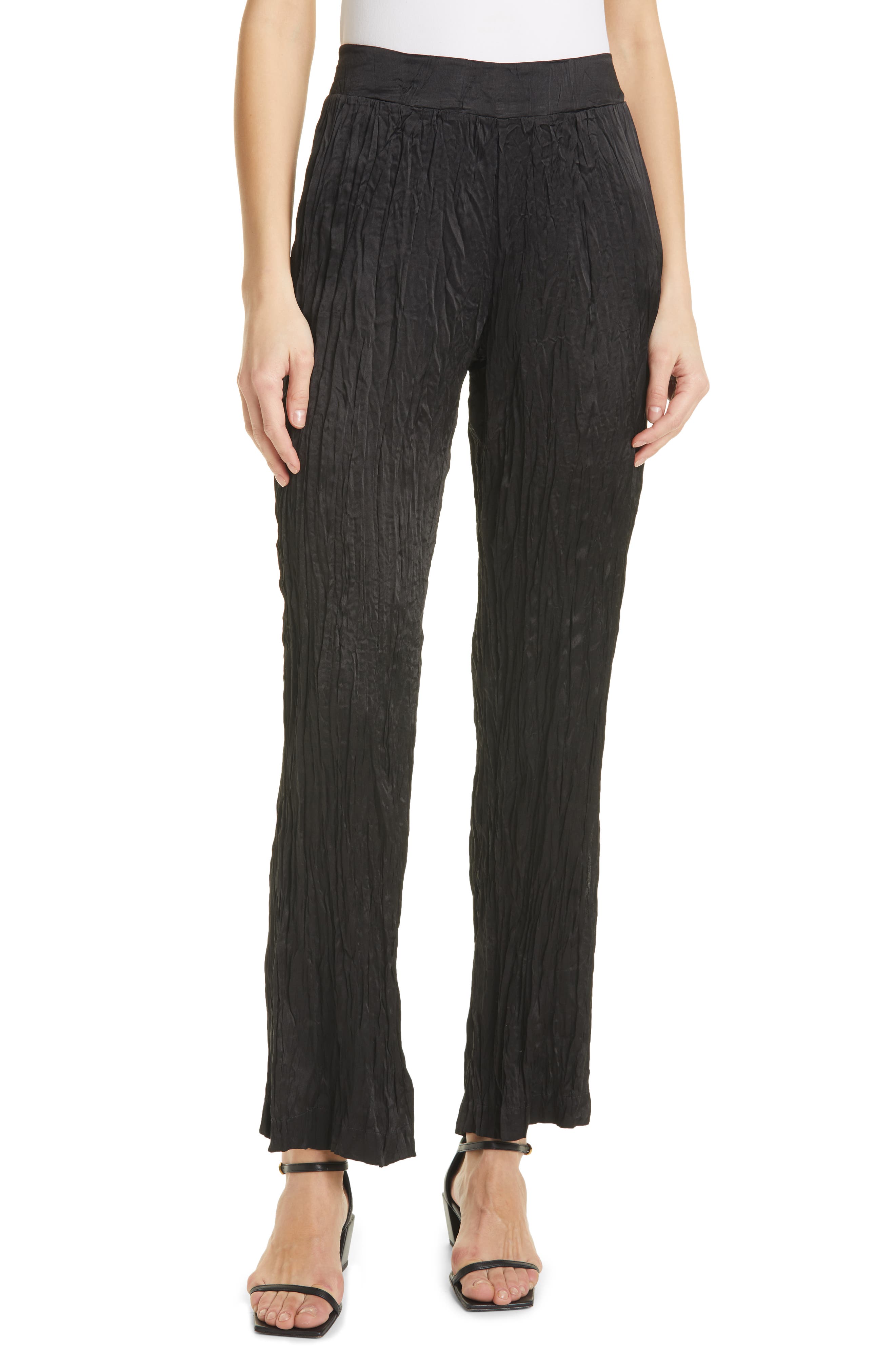 FRAME Side Slit Crinkled Silk Pull-On Pants in Noir at Nordstrom, Size X-Small