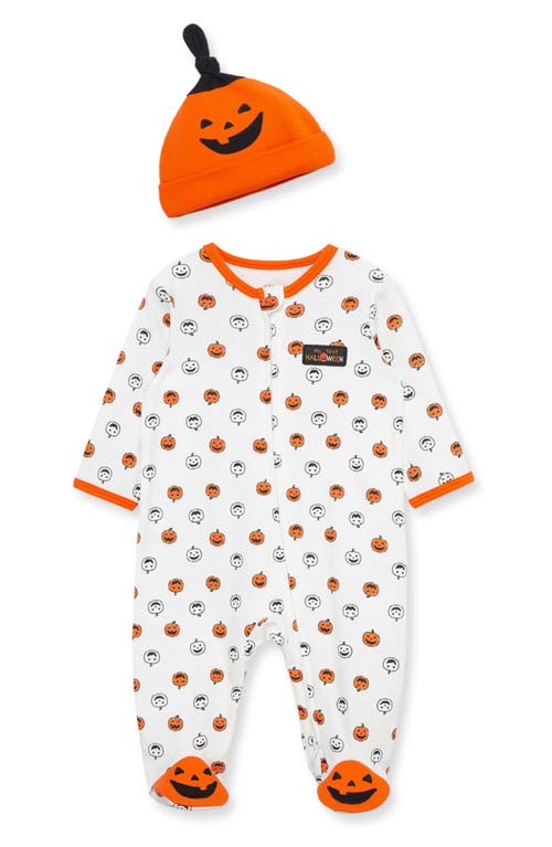 Shop Little Me Pumpkin Cotton Footie & Hat Set In Orange