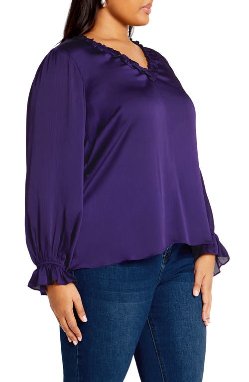 Shop City Chic Maia Ruffle Fluted Sleeve Satin Top In Purple