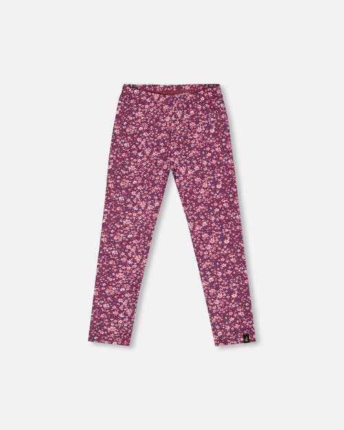 Shop Deux Par Deux Girl's Stretch Leggings Burgundy Printed Little Flowers In Mini Flowers On Burgundy