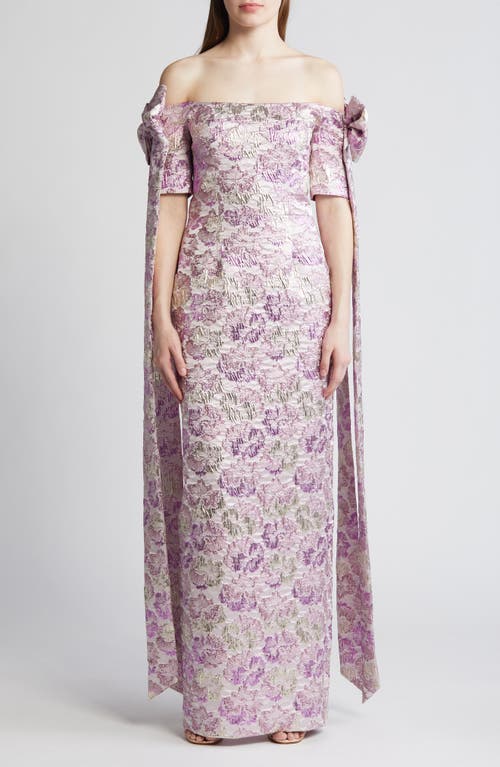 Paisley Floral Metallic Brocade Off the Shoulder Evening Gown in Glowing Amethyst