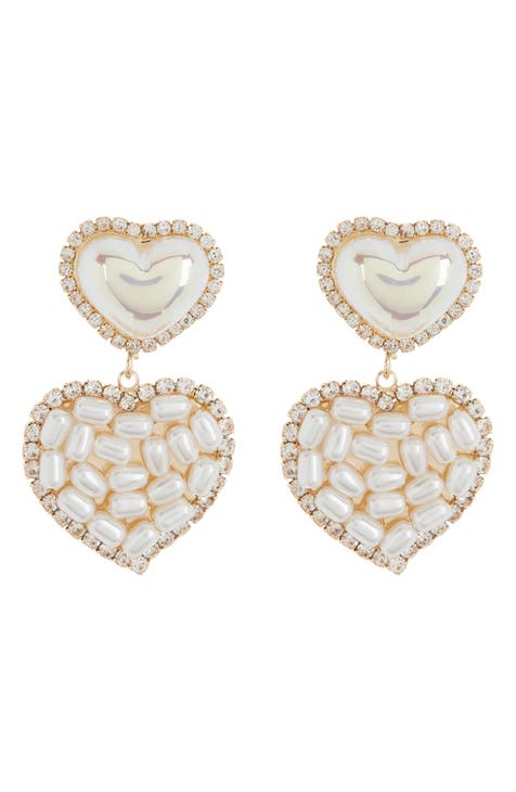Crystal & Imitation Pearl Heart Drop Earrings