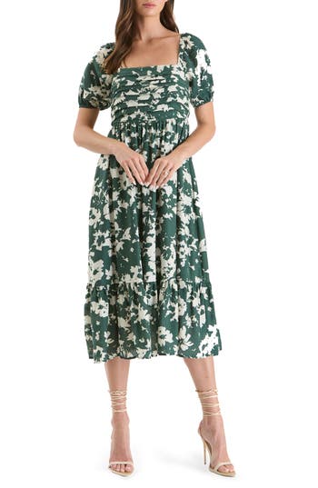 Shop August Sky Puff Sleeve Midi Dress In Hunter Green