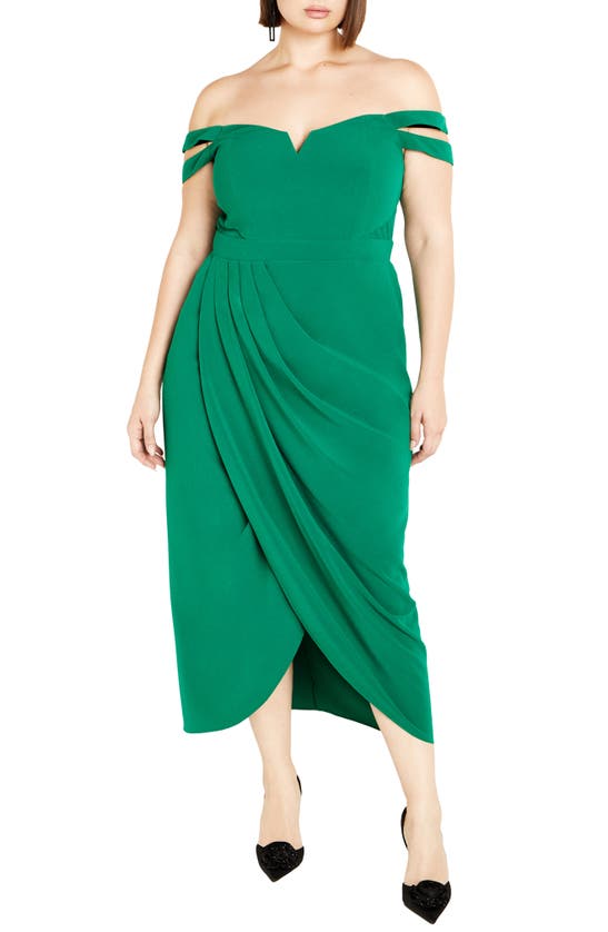 City Chic Rosa Off The Shoulder Midi Dress In Pepper Green