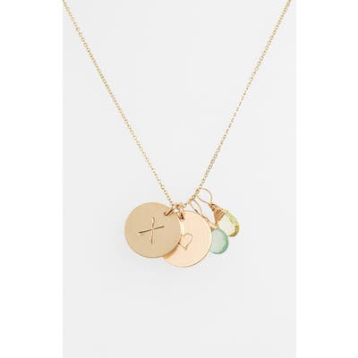 Nashelle Aqua Chalcedony, Lemon Quartz, Initial & Heart 14K-Gold Fill Disc Necklace