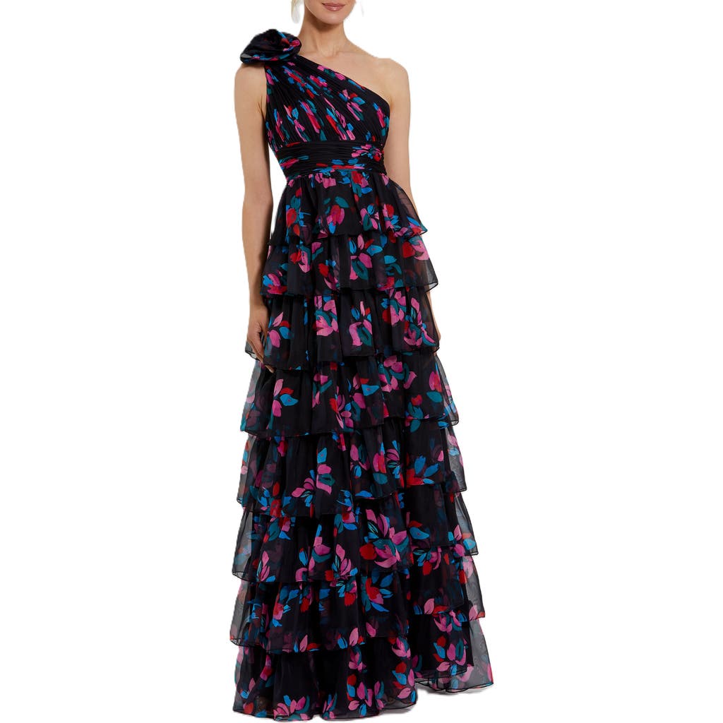 Mac Duggal One Shoulder Printed Chiffon Tiered Ruffle Gown In Black Multi