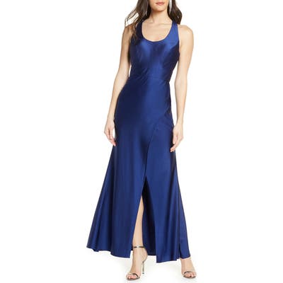 Morgan & Co. Cutout Back Satin Gown, Blue