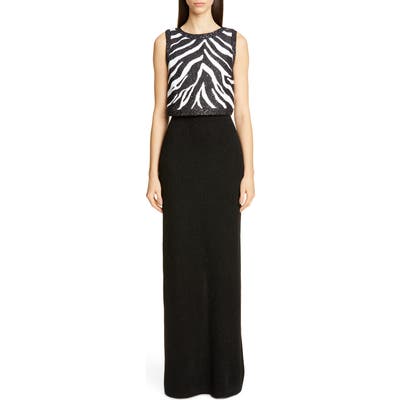 St. John Collection Sequin Zebra Jacquard Knit Column Gown, Black