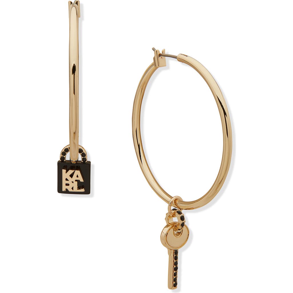 Shop Karl Lagerfeld Paris Lock And Key Enamel & Crystal Charm Hoop Earrings In Gold/jet