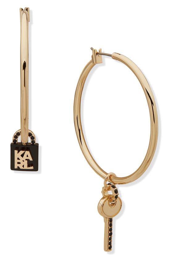 Karl Lagerfeld Lock And Key Enamel & Crystal Charm Hoop Earrings In Gold/ Jet