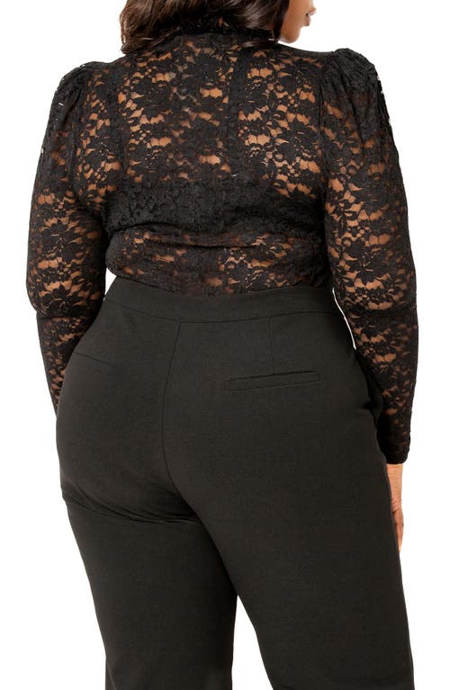 Buxom Couture Sheer Stretch Lace Long Sleeve Bodysuit In Black