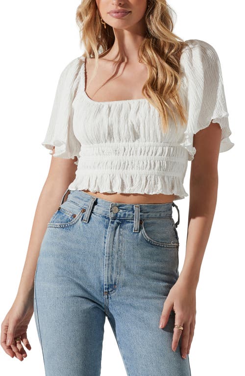 ASTR the Label Smocked Lace Back Flutter Sleeve Crop Top in White