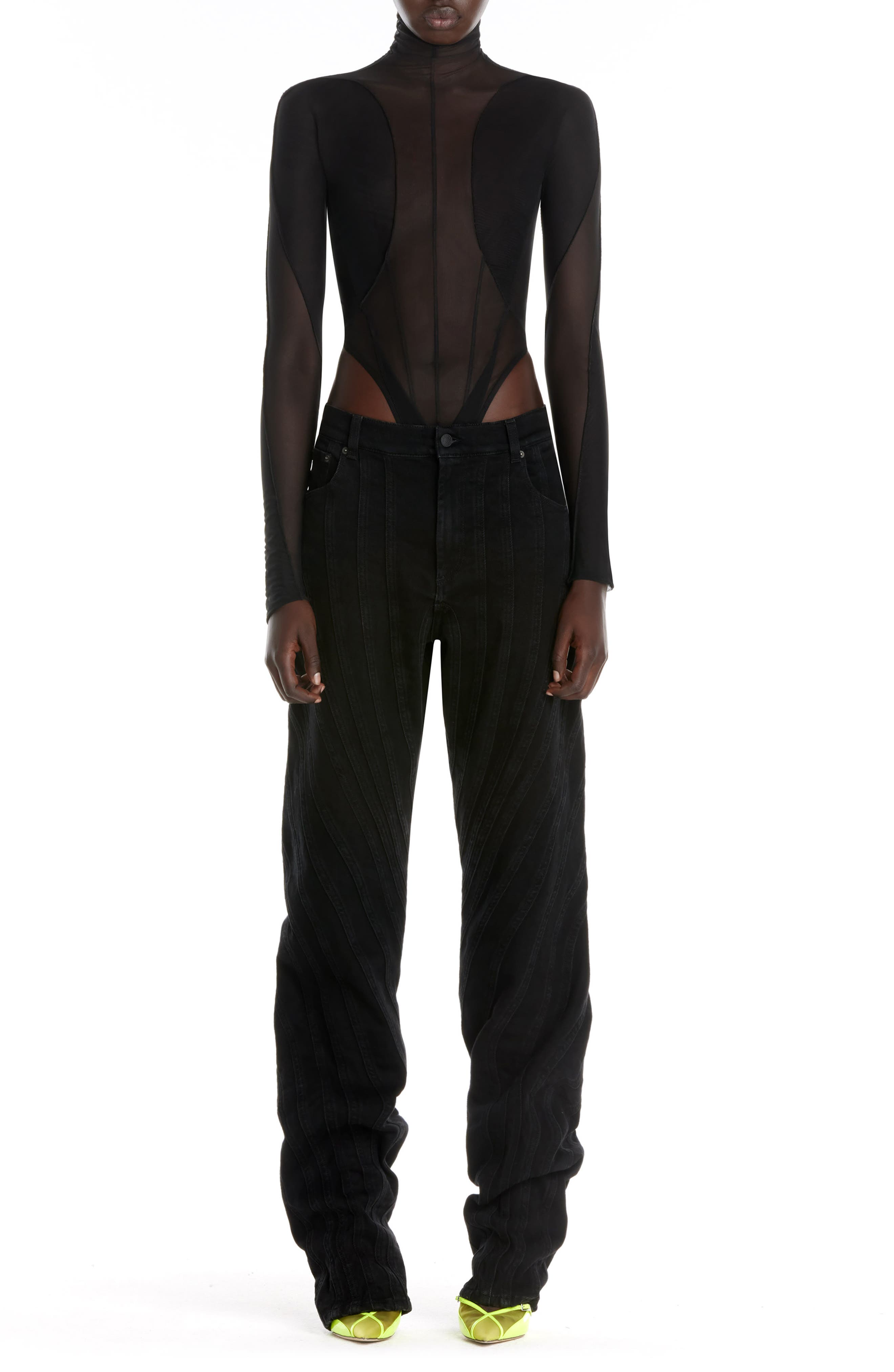 MUGLER Long Sleeve Illusion Mesh Bodysuit in Black at Nordstrom, Size 10 Us