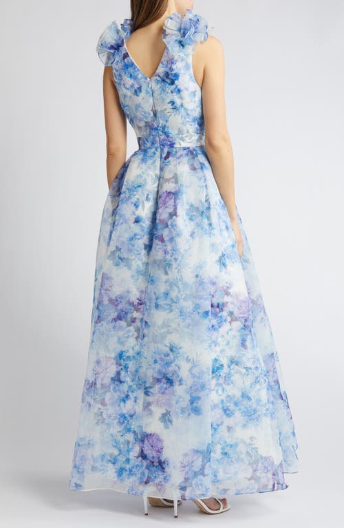 Shop Julia Jordan Ruffle Floral Gown In Ivory/blue