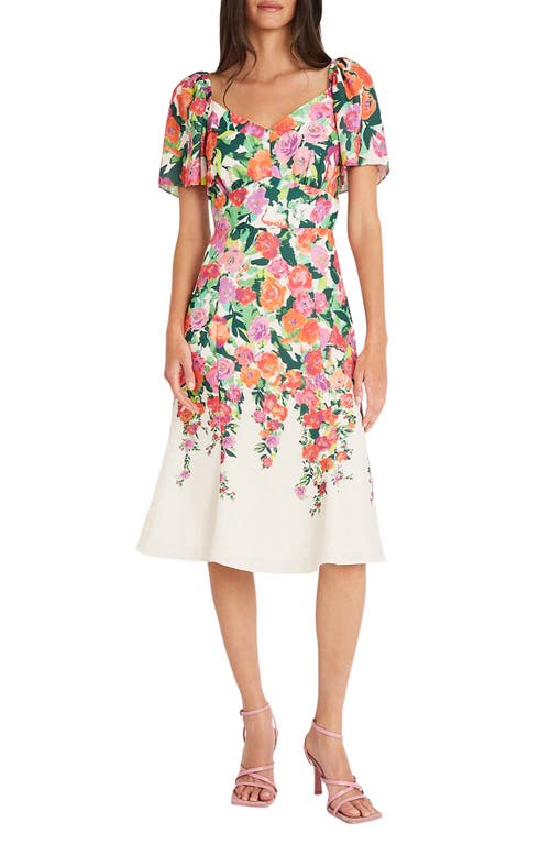 Maggy London Floral Sweetheart Neck Dress In Ivory/mango/pink