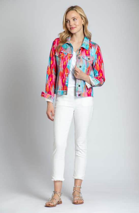 Shop Apny Watercolor Print Denim Jacket In Pink Multi