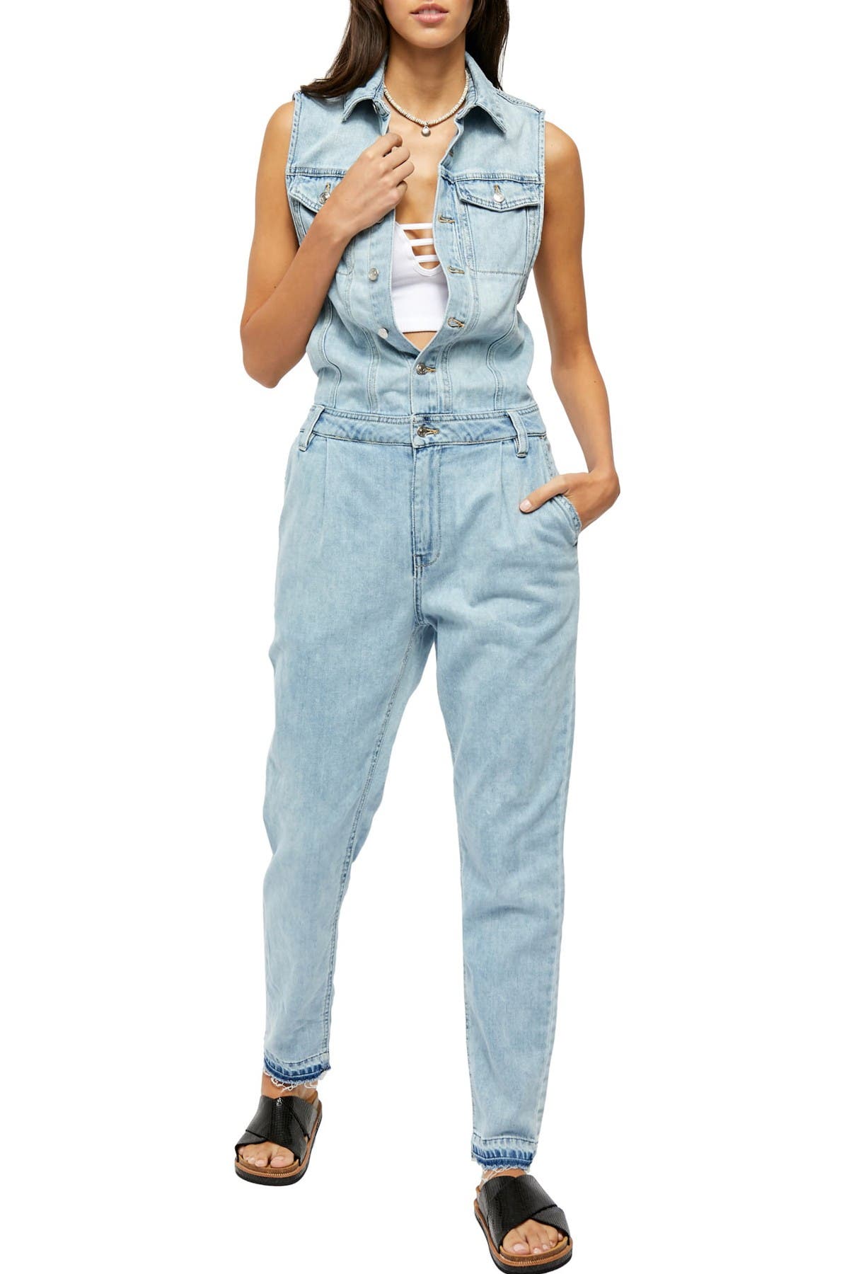 free people jean jumpsuit