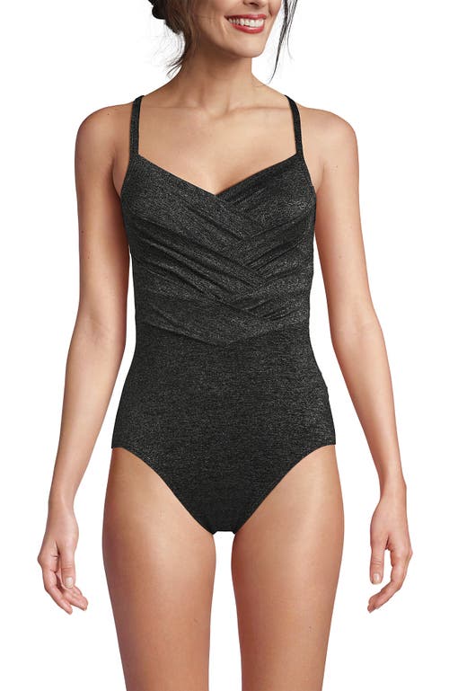 Shop Lands' End Slender Suit V-neck Pleated X-back One Piece Swimsuit Adjustable Straps In Black Shine