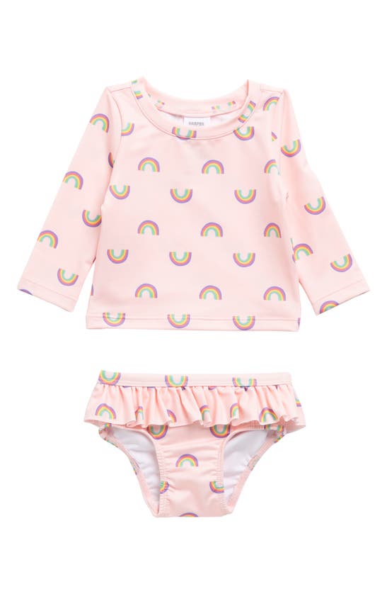 Harper Canyon Babies' Ruffle Rashguard Two-piece Swimsuit In Pink English Rainbow Ditsy