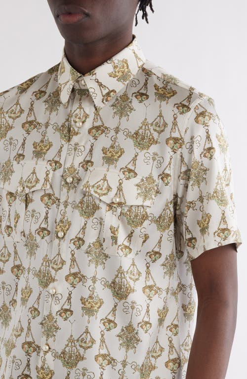 Shop Givenchy Military Slim Fit Short Sleeve Stretch Silk Button-up Shirt In Cream/ochre