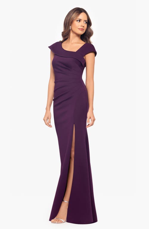 Xscape Evenings Asymmetric Neck Scuba Trumpet Gown In Plum