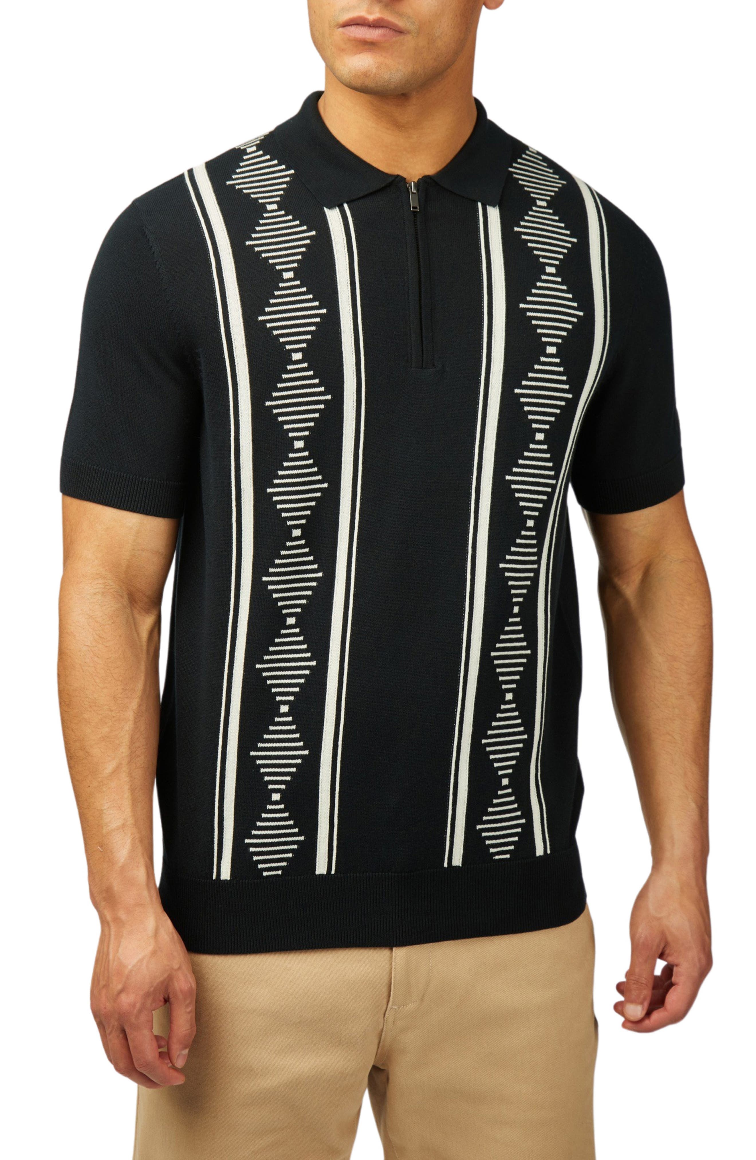 Ben Sherman Argyle Quarter Zip Polo Sweater in Black 