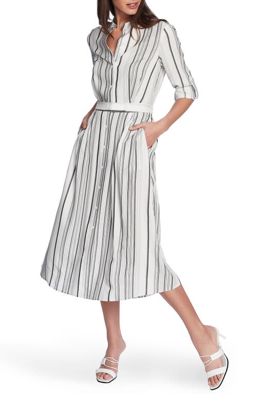 Long Sleeve Stripe Midi Shirtdress in Soft Ecru