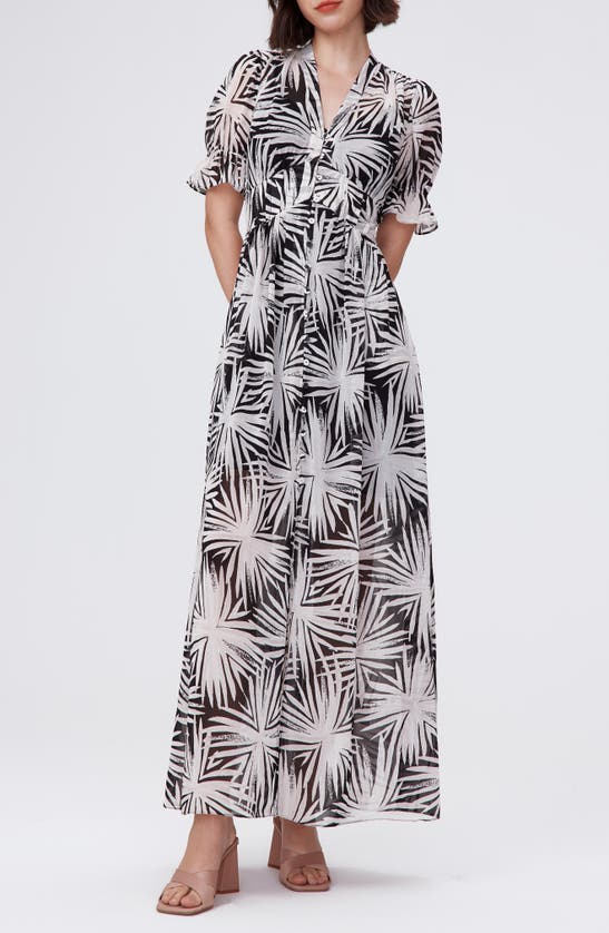 Dvf Erica Palm Print Button-up Maxi Dress In Sea Holly Black