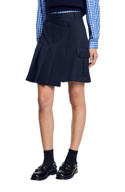 Shop Sandro Short Asymmetrical Pleated Skirt In Navy Blue