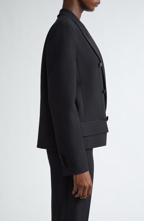 Shop Michael Kors Collection Satin Trim Double Breasted Crepe Blazer In Black