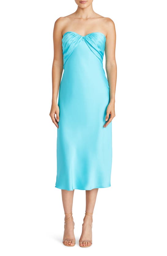 Shop ml Monique Lhuillier Imara Satin Strapless Midi Dress In Bright Aqua
