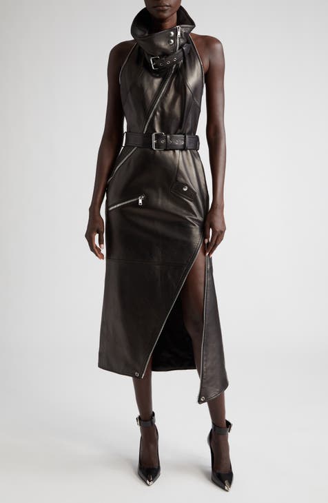 BRANDON MAXWELL Cracked leather-paneled crepe midi dress
