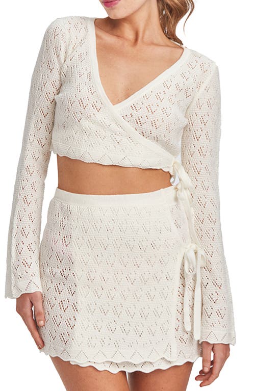 Kaia Openwork Crochet Crop Cover-Up Sweater in Ivory